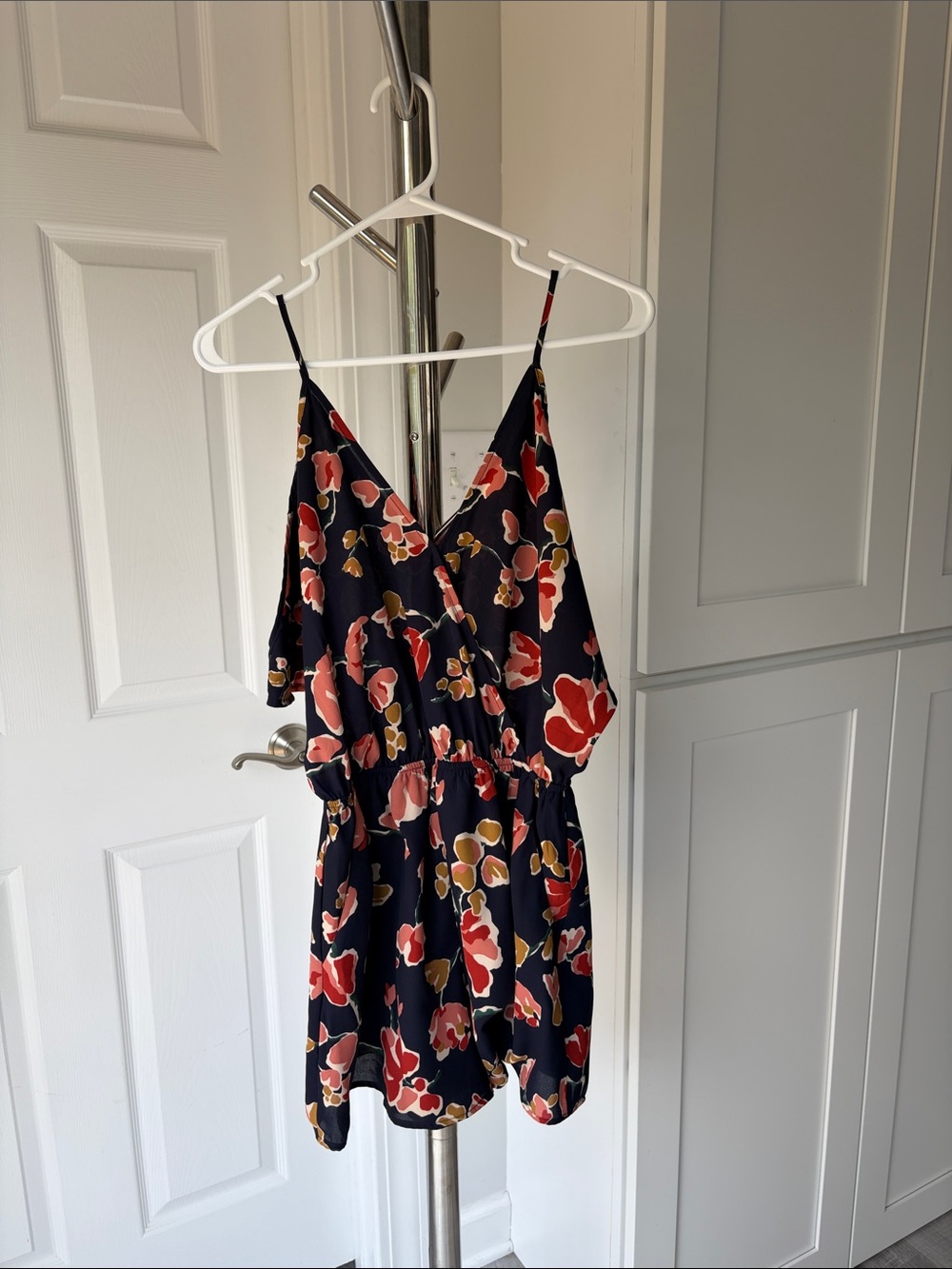 Astr Navy Floral Romper with Red & Mustard Blooms, Size S.
